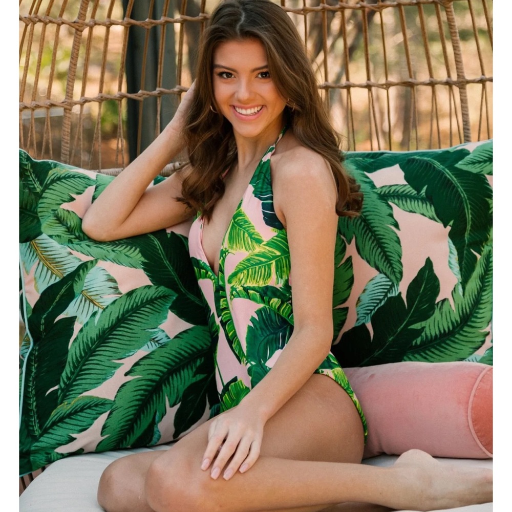 Judith March Pink and Green Tropical One-Piece Swimsuit with sarong Set